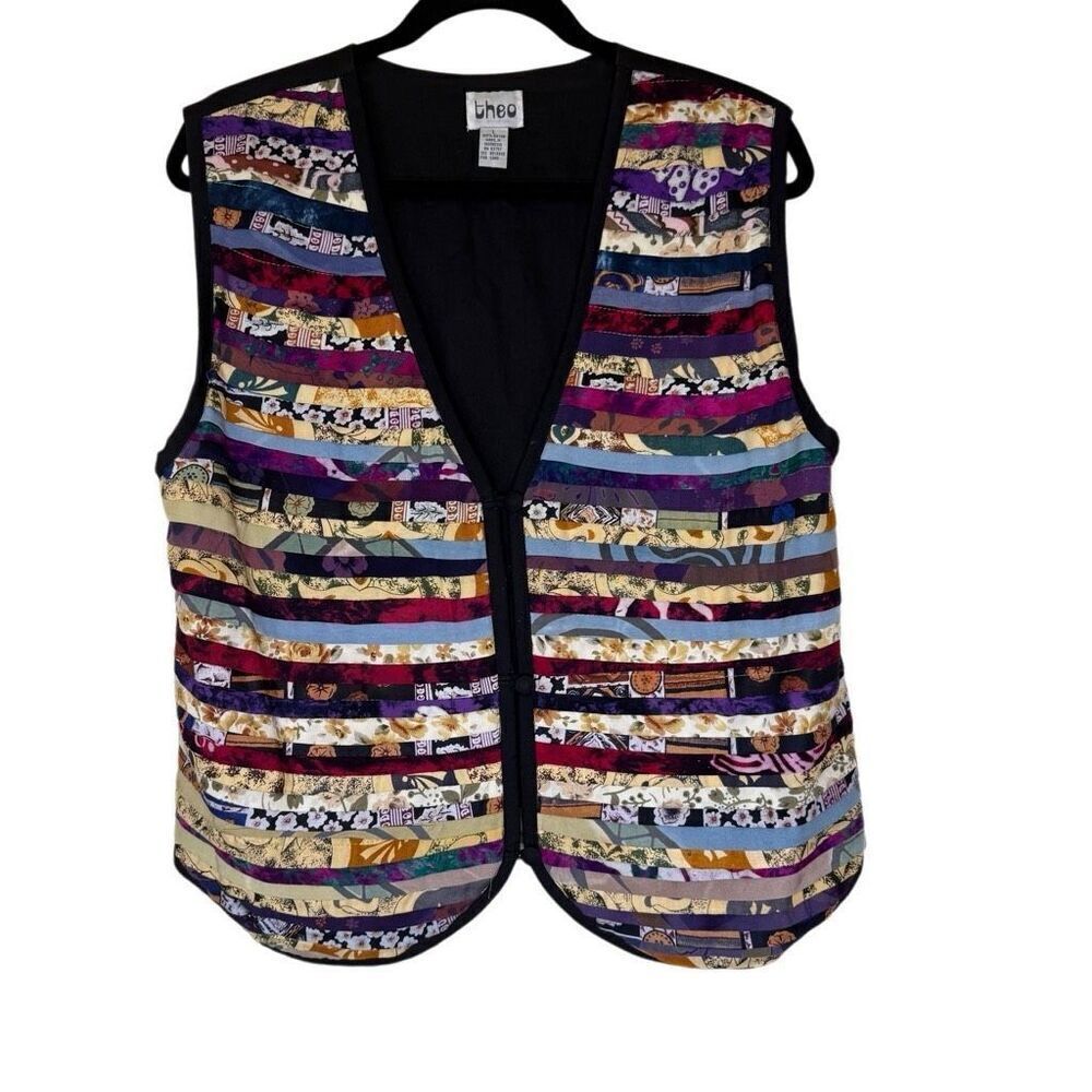 Vtg Theo Shutter Pleat Multi Print Vest Sz L, Dark Academia, Boho, Whimsygoth